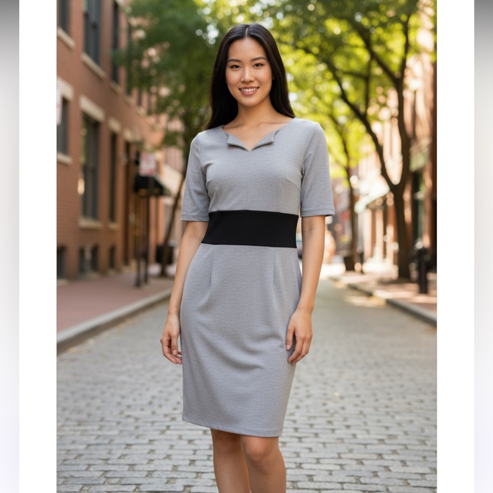 Shapesational Gray Dress with Black Waistband